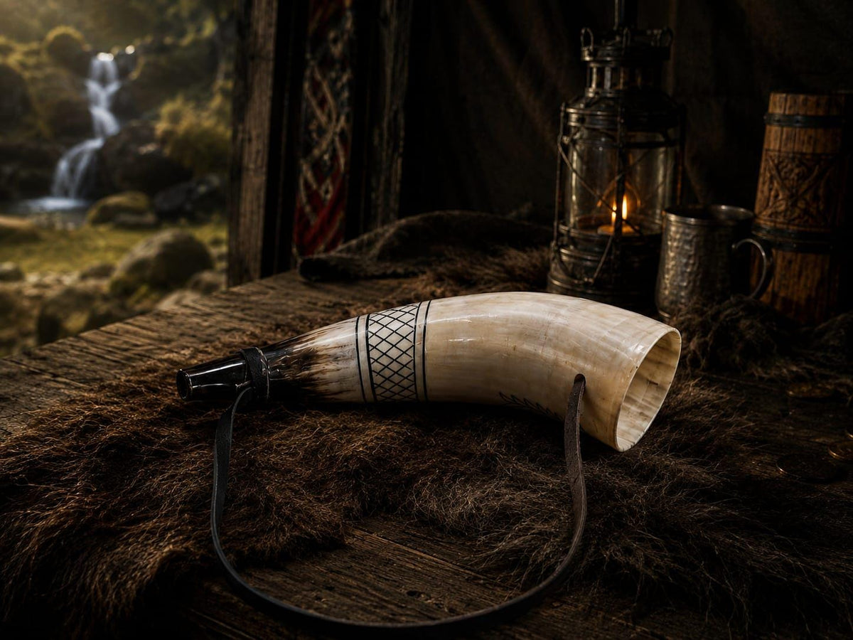Viking Wolf Weapon Replica - Norse Viking War Horn, Handmade Engraved Wolf Ox Horn, Leather Strap