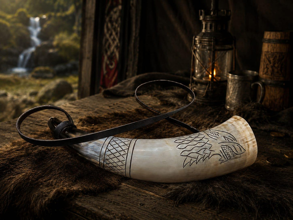 Viking Wolf Weapon Replica - Norse Viking War Horn, Handmade Engraved Wolf Ox Horn, Leather Strap