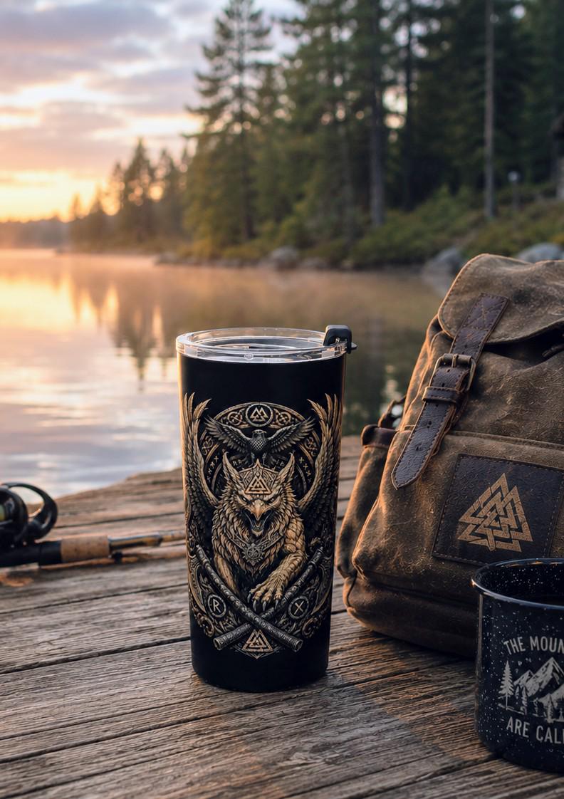 Viking Odin Mug - Odin All Father Portrait Tumbler 20oz, Norse Longship Mountain Scene