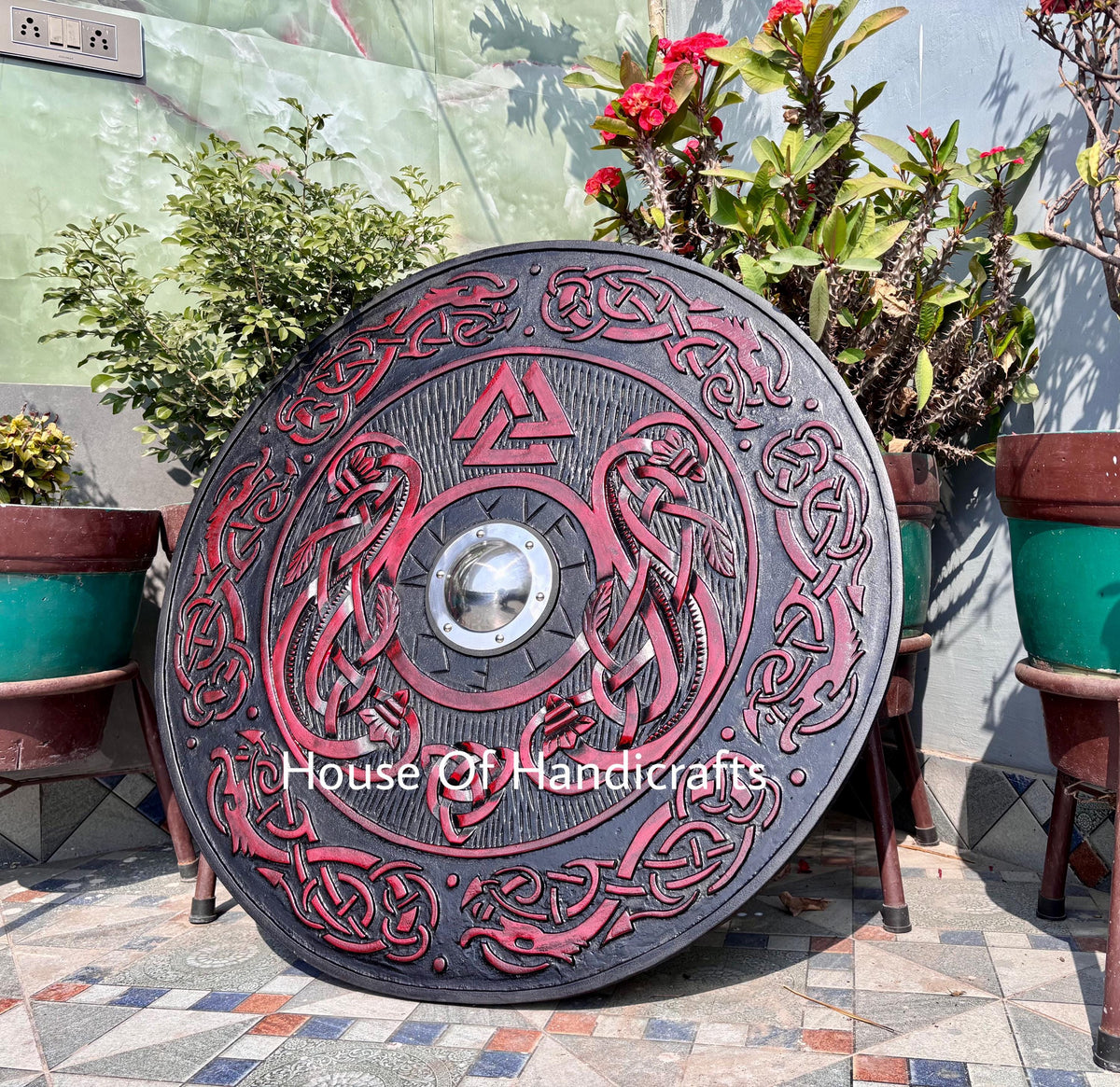 Viking Rune Weapon Replica - Handmade Viking Wooden Shield, Helm of Awe, Runes, Celtic Knots Wall