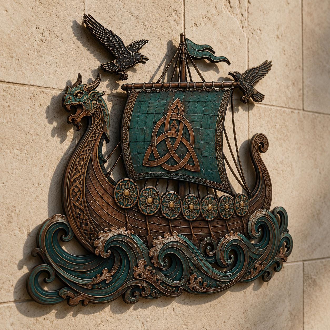 Viking Raven Home Decor - Viking Ship Metal Wall Art, Norse Longship Decor, Celtic Knot Sign