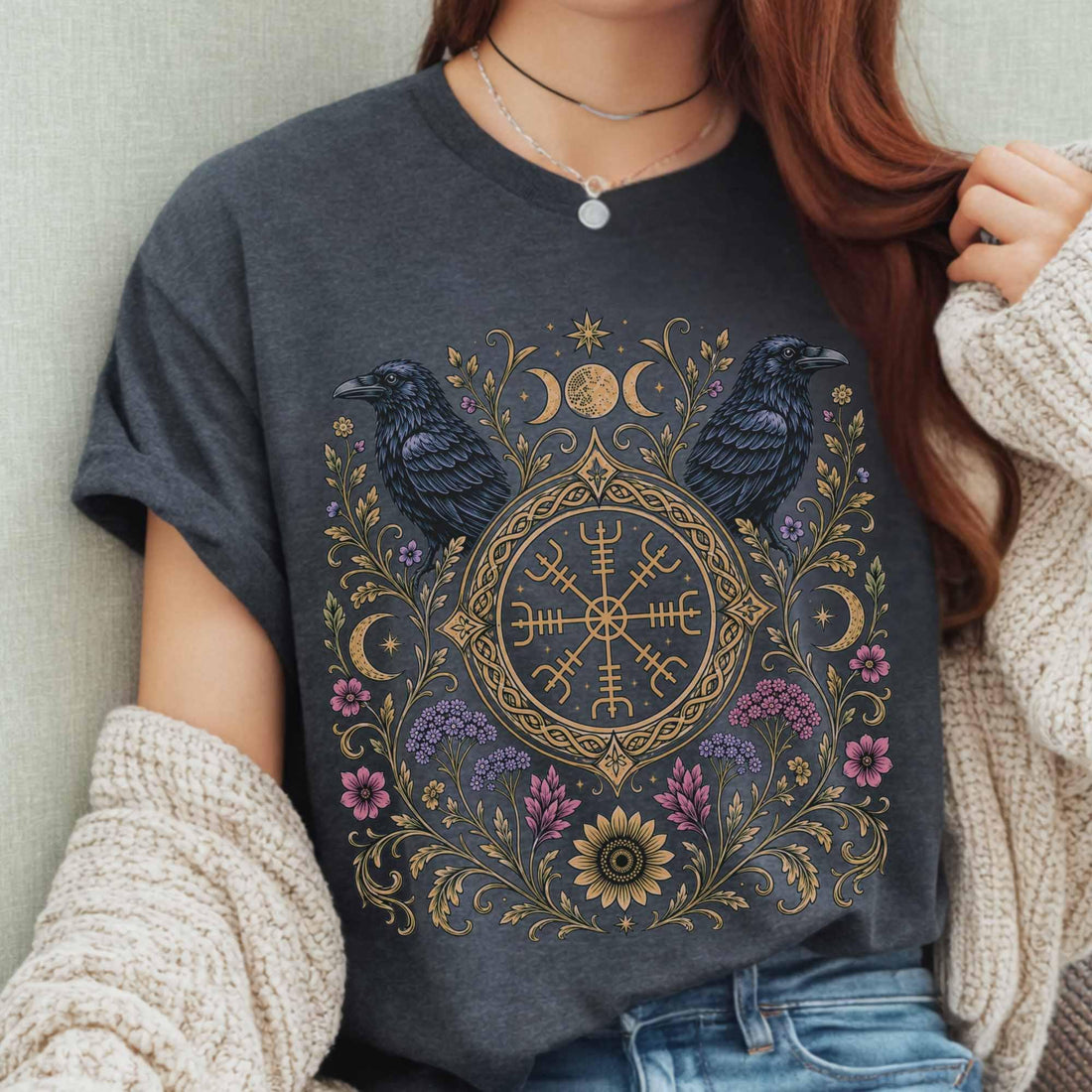 Viking Odin T-Shirt - Viking Raven Vegvisir Nordic T-shirt, Wayfinder Compass Bohemian Ravens Odin