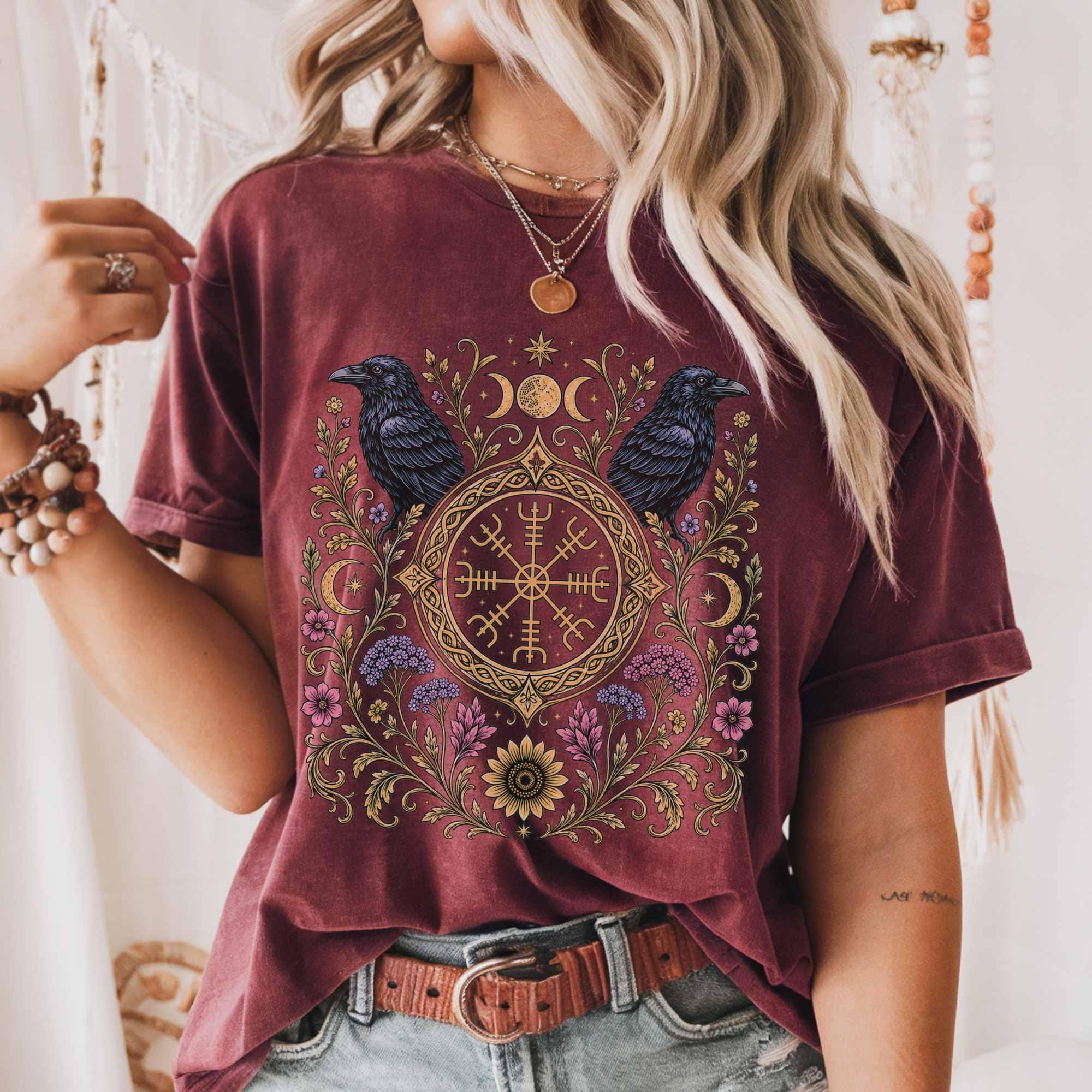 Viking Odin T-Shirt - Viking Raven Vegvisir Nordic T-shirt, Wayfinder Compass Bohemian Ravens Odin