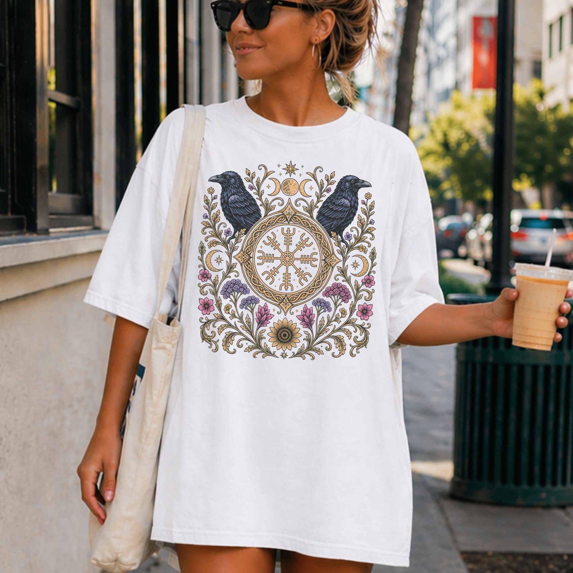 Viking Odin T-Shirt - Viking Raven Vegvisir Nordic T-shirt, Wayfinder Compass Bohemian Ravens Odin