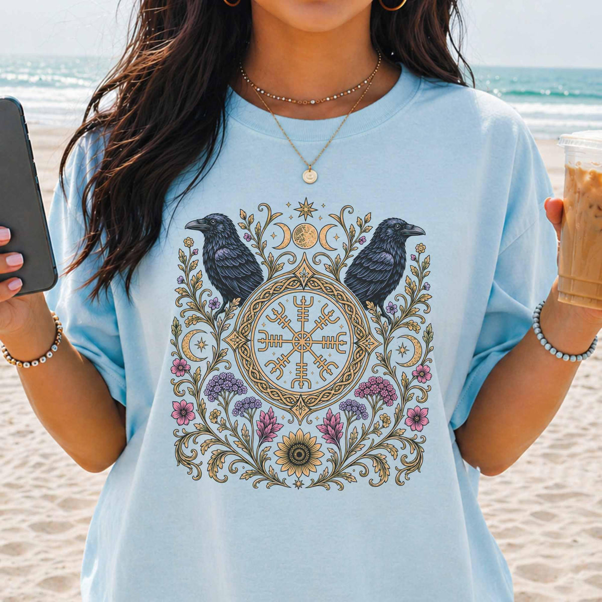 Viking Odin T-Shirt - Viking Raven Vegvisir Nordic T-shirt, Wayfinder Compass Bohemian Ravens Odin
