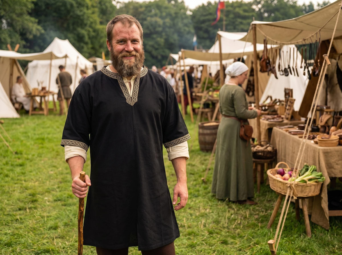 Viking T-Shirt - Green Viking tunic with leather details, Viking tunic for reenactment, LARP, and