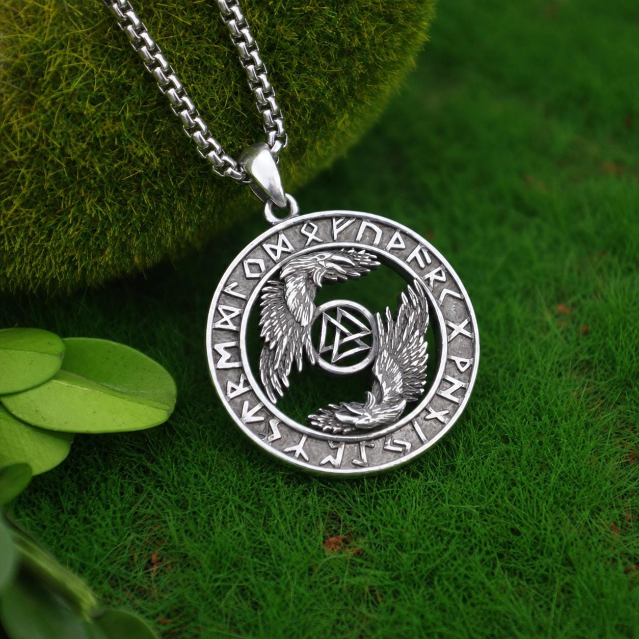 Viking Valknut Necklace - Sterling Silver Viking Valknut Raven Pendant: Norse Amulet Necklace