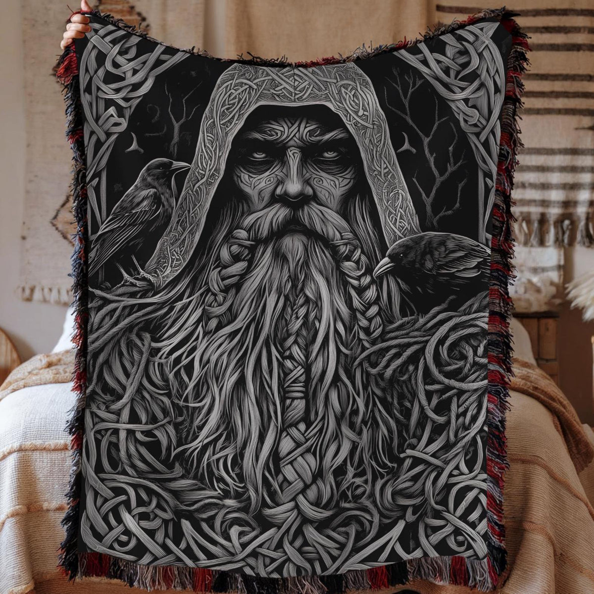 Viking Odin Blanket - Dark Fantasy Odin Woven Blanket, Norse God Viking Wall Art, Gothic Man Cave