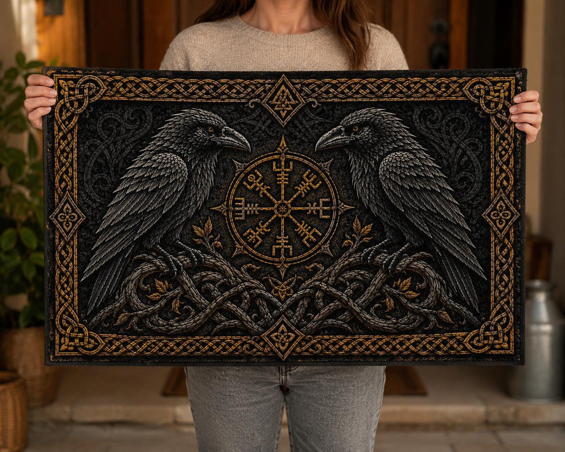 Viking Odin Rug - Huginn Muninn Doormat, Odin Ravens Welcome Mat, Norse Vegvisir Decor, Viking