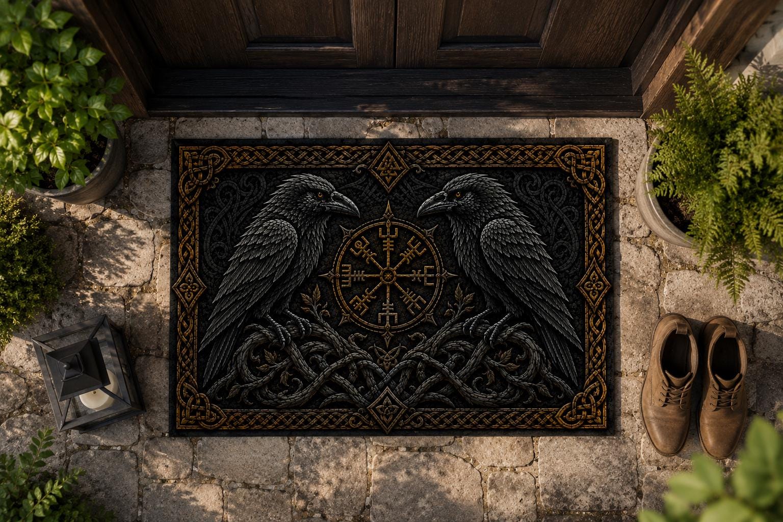 Viking Odin Rug - Huginn Muninn Doormat, Odin Ravens Welcome Mat, Norse Vegvisir Decor, Viking
