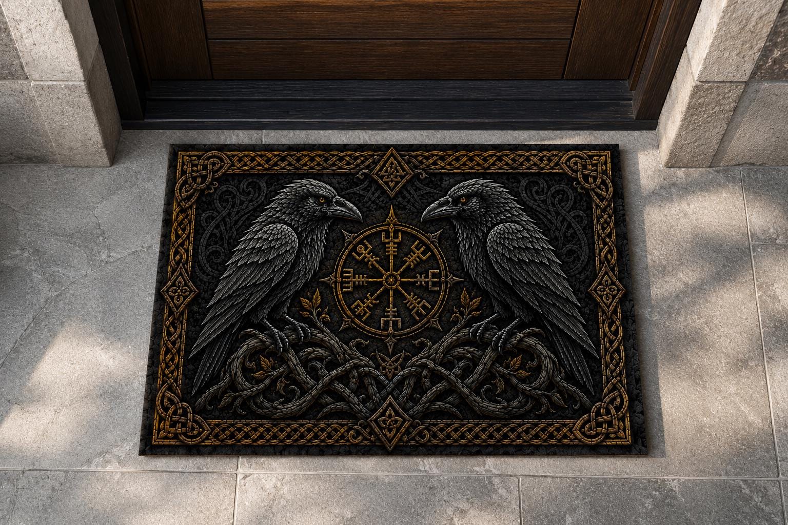 Viking Odin Rug - Huginn Muninn Doormat, Odin Ravens Welcome Mat, Norse Vegvisir Decor, Viking