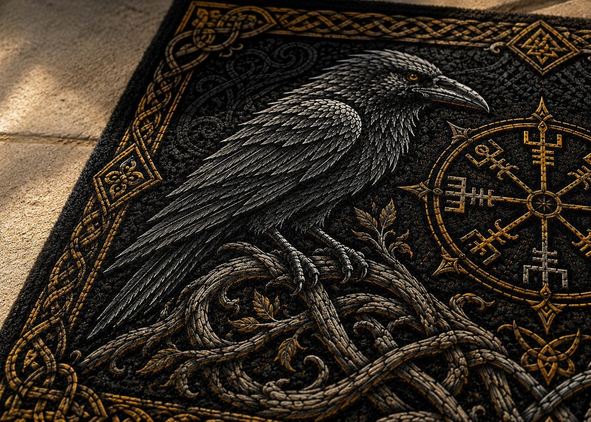 Viking Odin Rug - Huginn Muninn Doormat, Odin Ravens Welcome Mat, Norse Vegvisir Decor, Viking