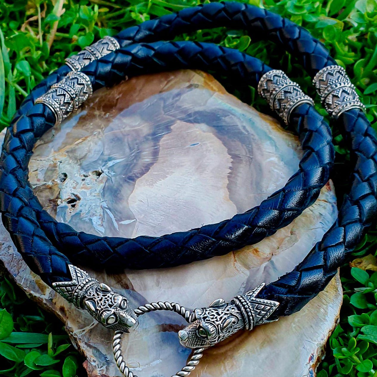 Viking Necklace - Braided Leather Dragon Necklace – Viking Necklace with Silver Dragon End Caps