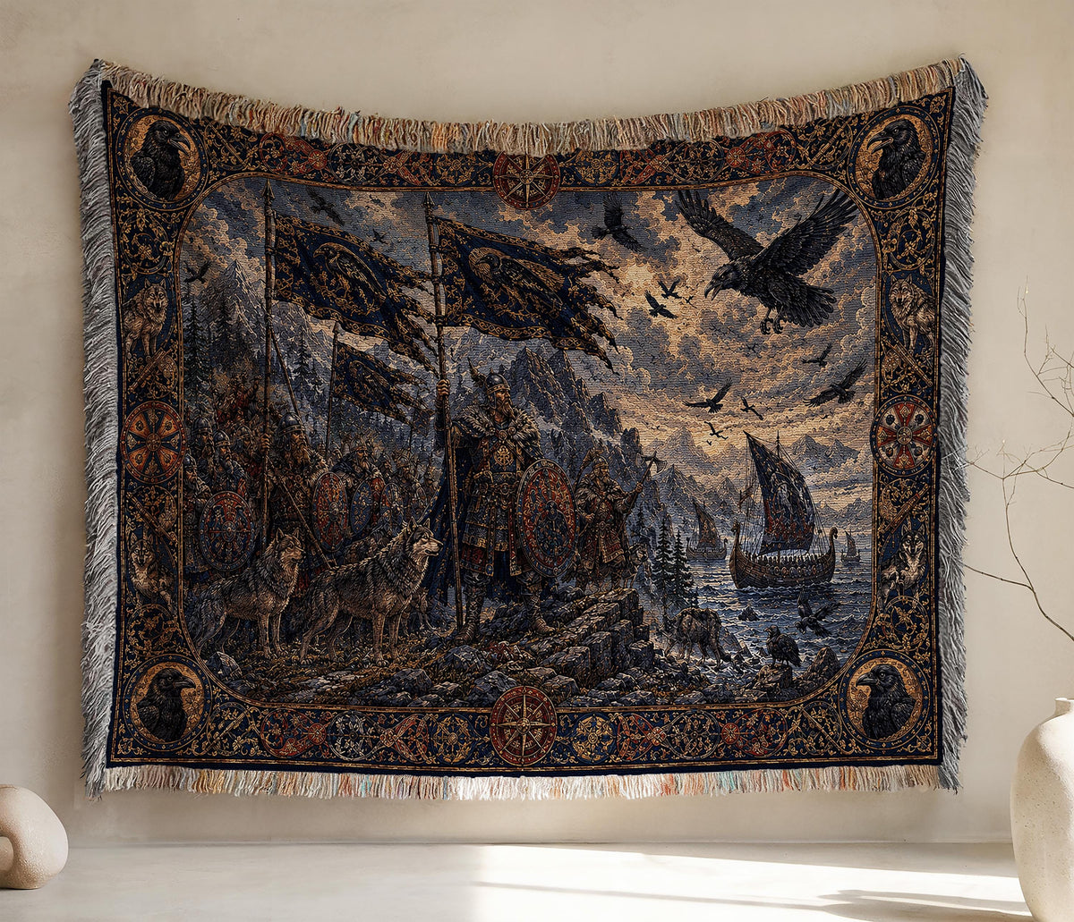 Viking Blanket - Viking Nordic Dragon Woven Cotton Throw Blanket, Fringed Tapestry Decor