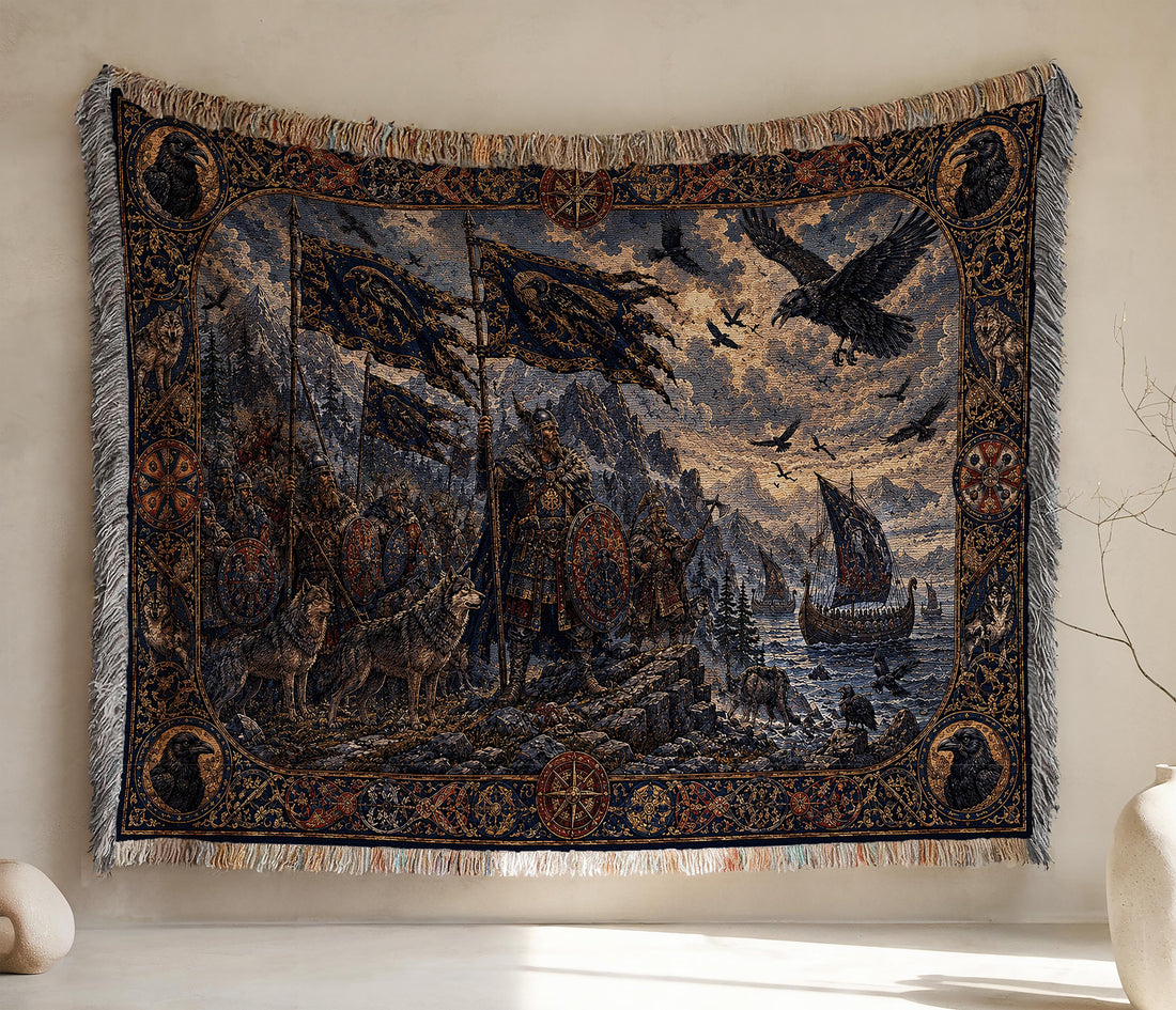 Viking Wolf Blanket - Viking Raven Woven Blanket, Norse Warrior Longship Tapestry Throw, Wolf
