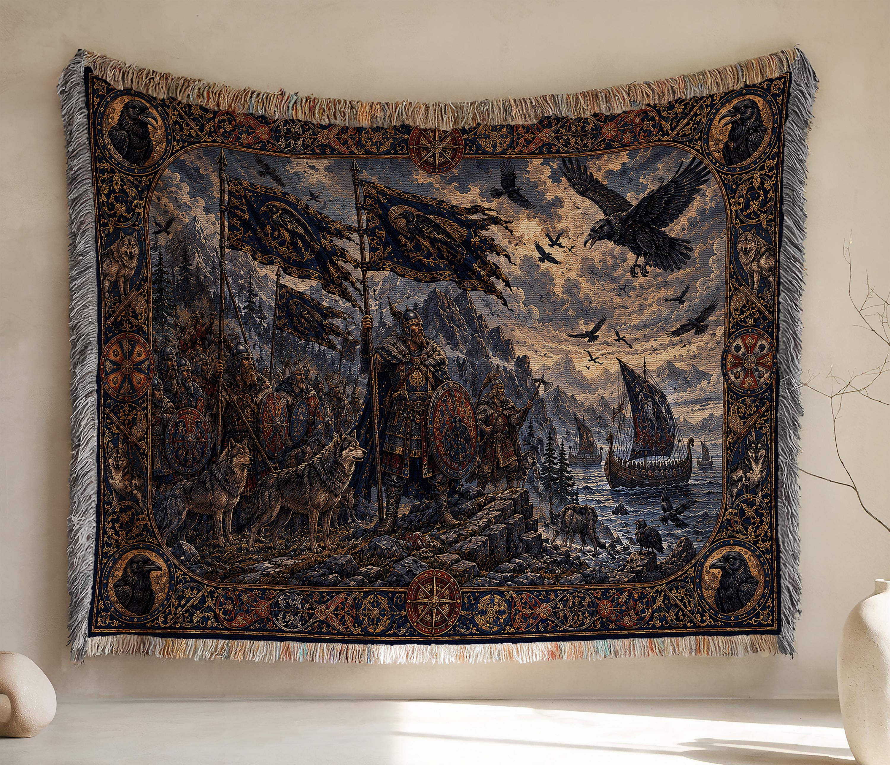 Viking Wolf Blanket - Viking Raven Woven Blanket, Norse Warrior Longship Tapestry Throw, Wolf