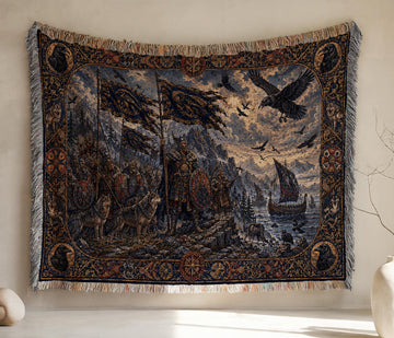 Viking Wolf Blanket - Viking Raven Woven Blanket, Norse Warrior Longship Tapestry Throw, Wolf