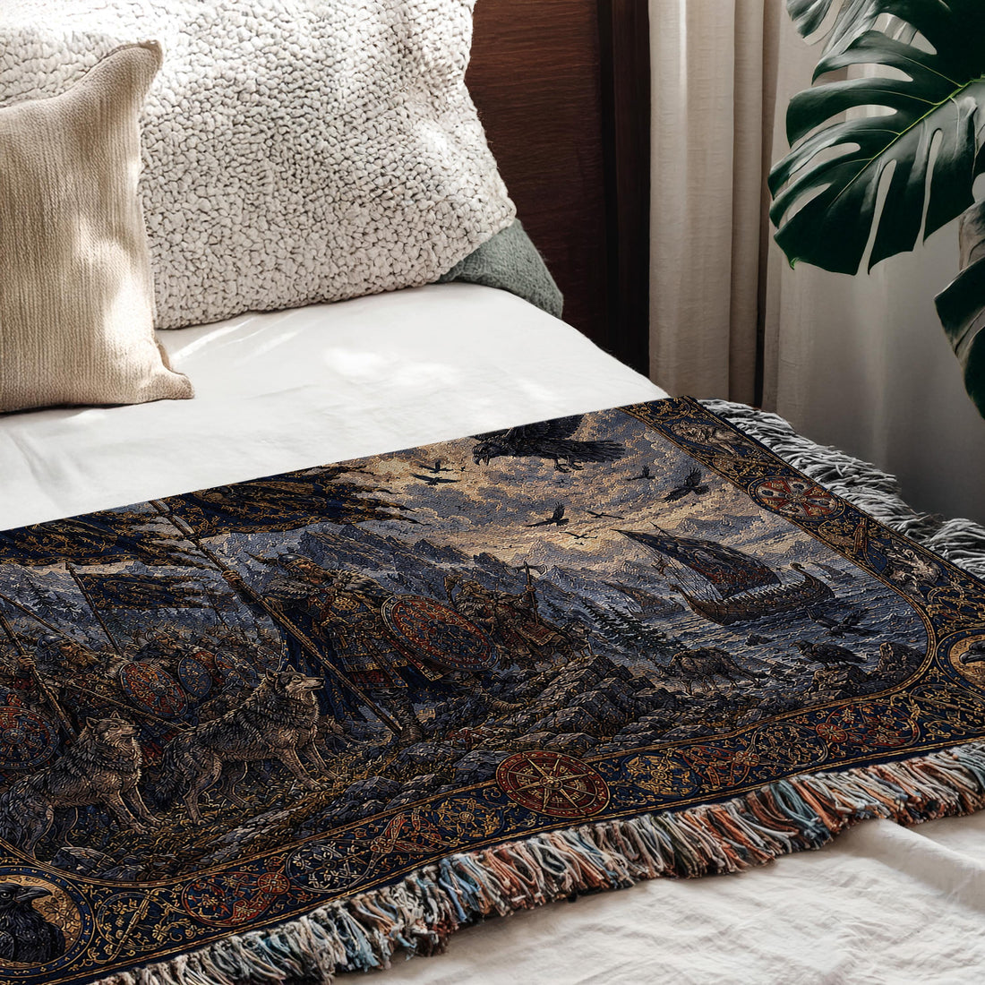 Viking Wolf Blanket - Viking Raven Woven Blanket, Norse Warrior Longship Tapestry Throw, Wolf