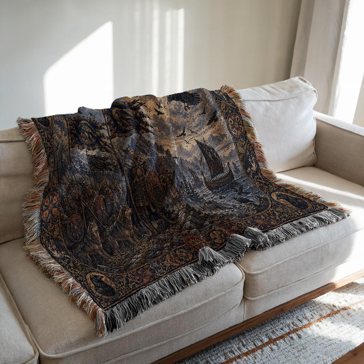 Viking Wolf Blanket - Viking Raven Woven Blanket, Norse Warrior Longship Tapestry Throw, Wolf