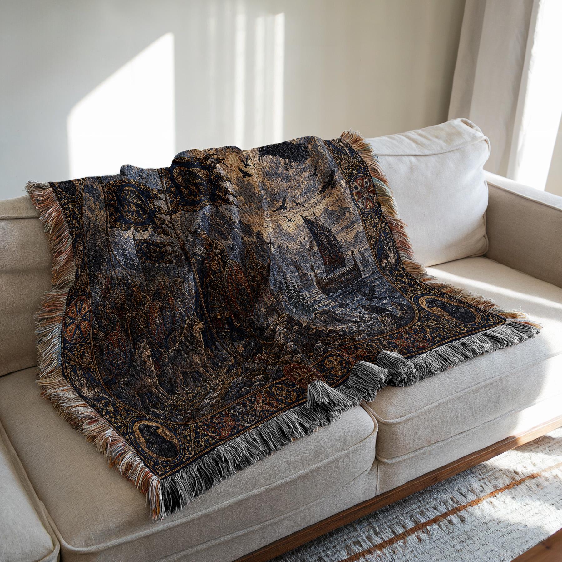 Viking Wolf Blanket - Viking Raven Woven Blanket, Norse Warrior Longship Tapestry Throw, Wolf