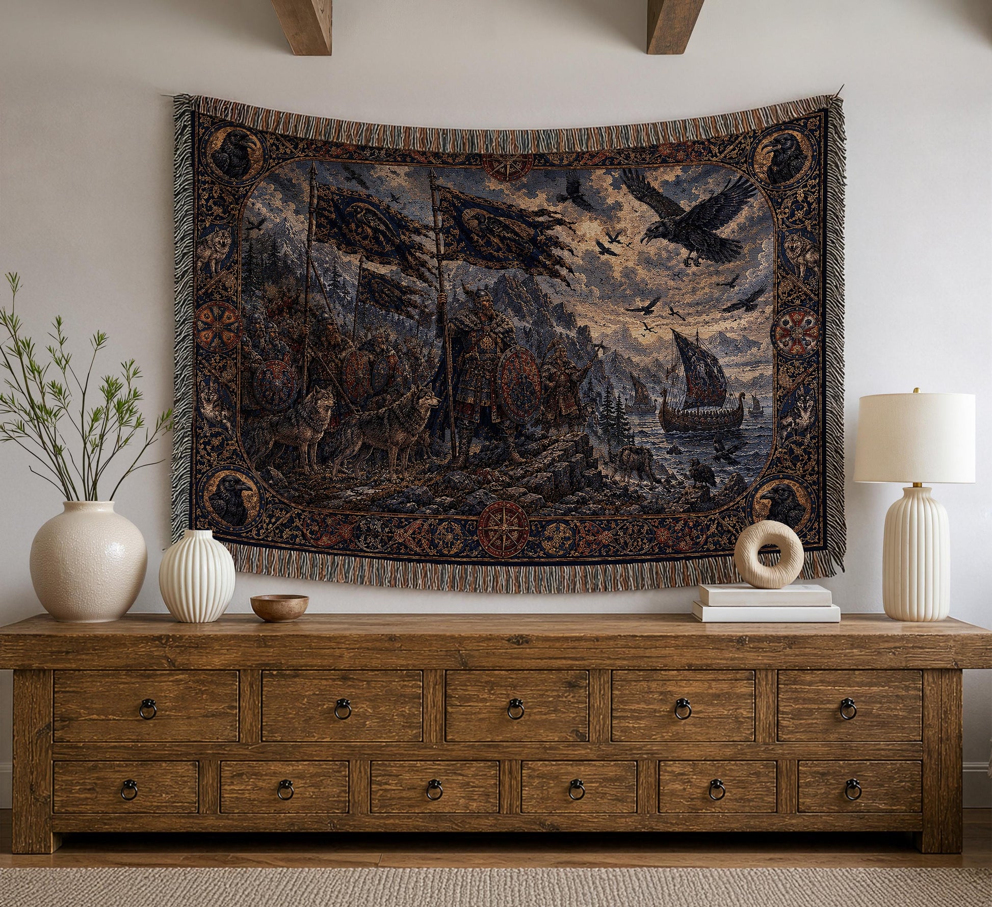 Viking Wolf Blanket - Viking Raven Woven Blanket, Norse Warrior Longship Tapestry Throw, Wolf