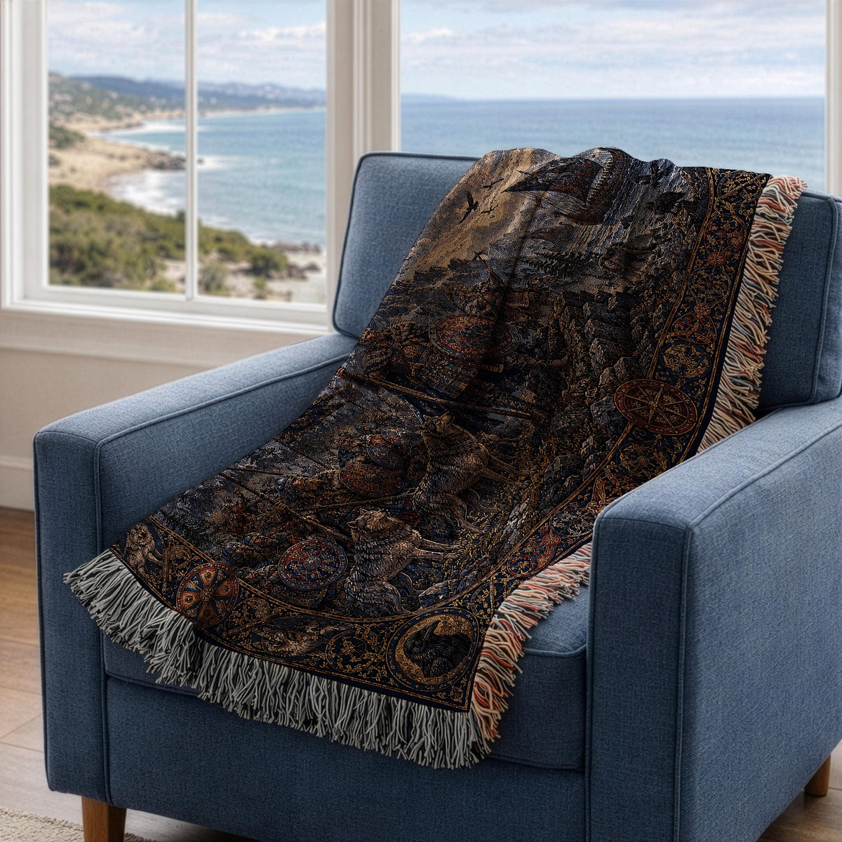 Viking Wolf Blanket - Viking Raven Woven Blanket, Norse Warrior Longship Tapestry Throw, Wolf