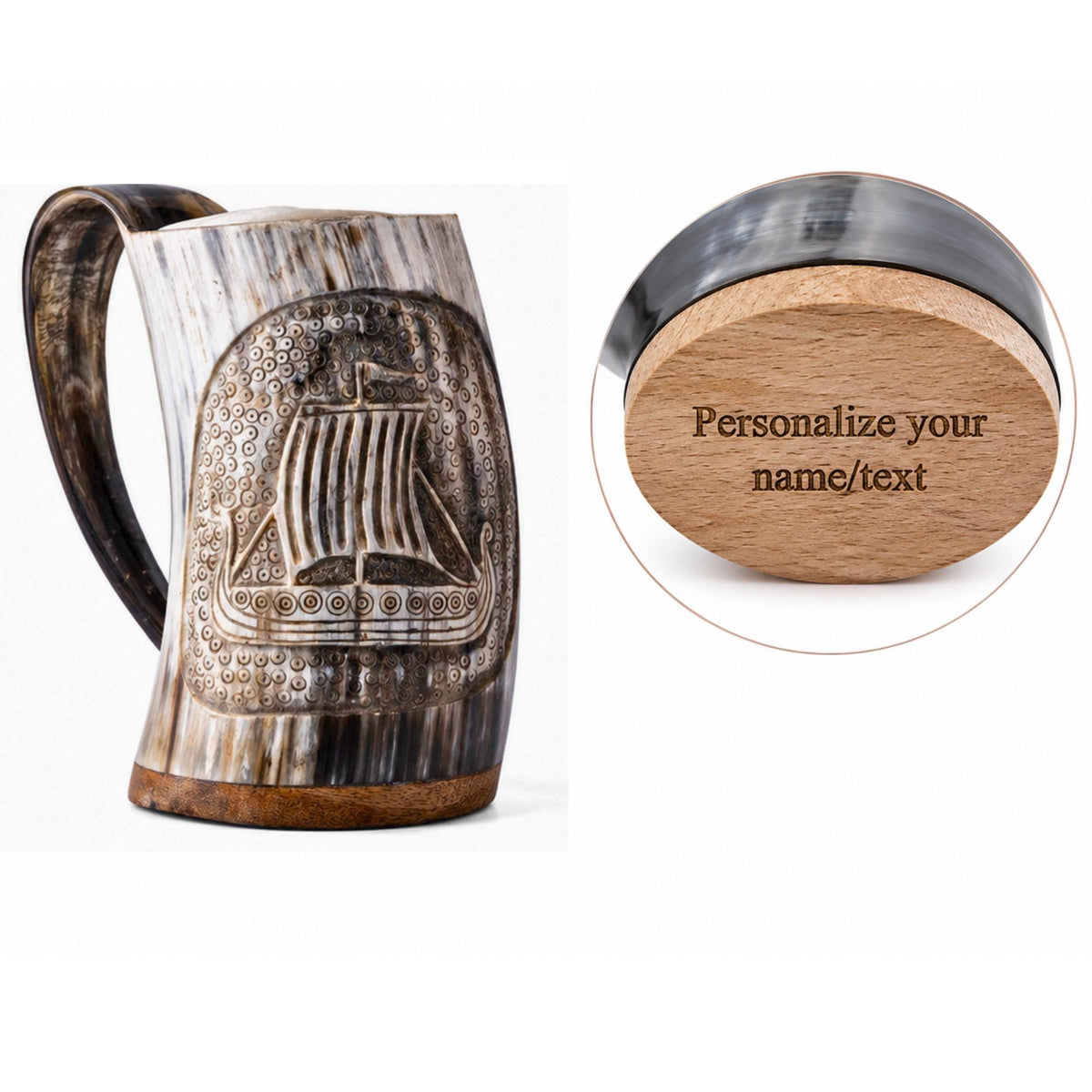 Viking Longship Mug - Personalized Viking Longship Horn Mug, Custom Engraved Wooden Base, Genuine