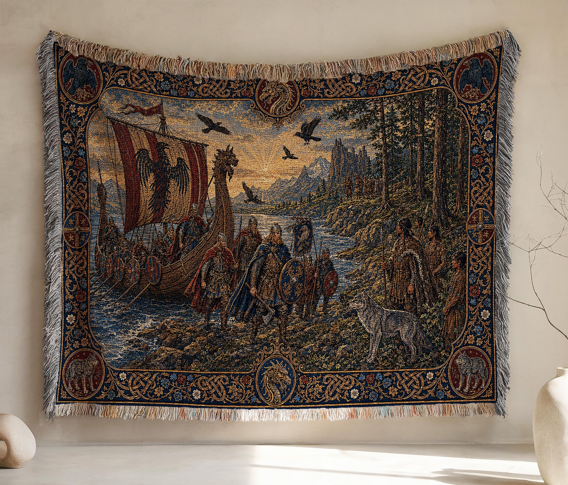 Viking Wolf Blanket - Viking Raven Woven Blanket, Norse Warrior Longship Tapestry Throw, Wolf