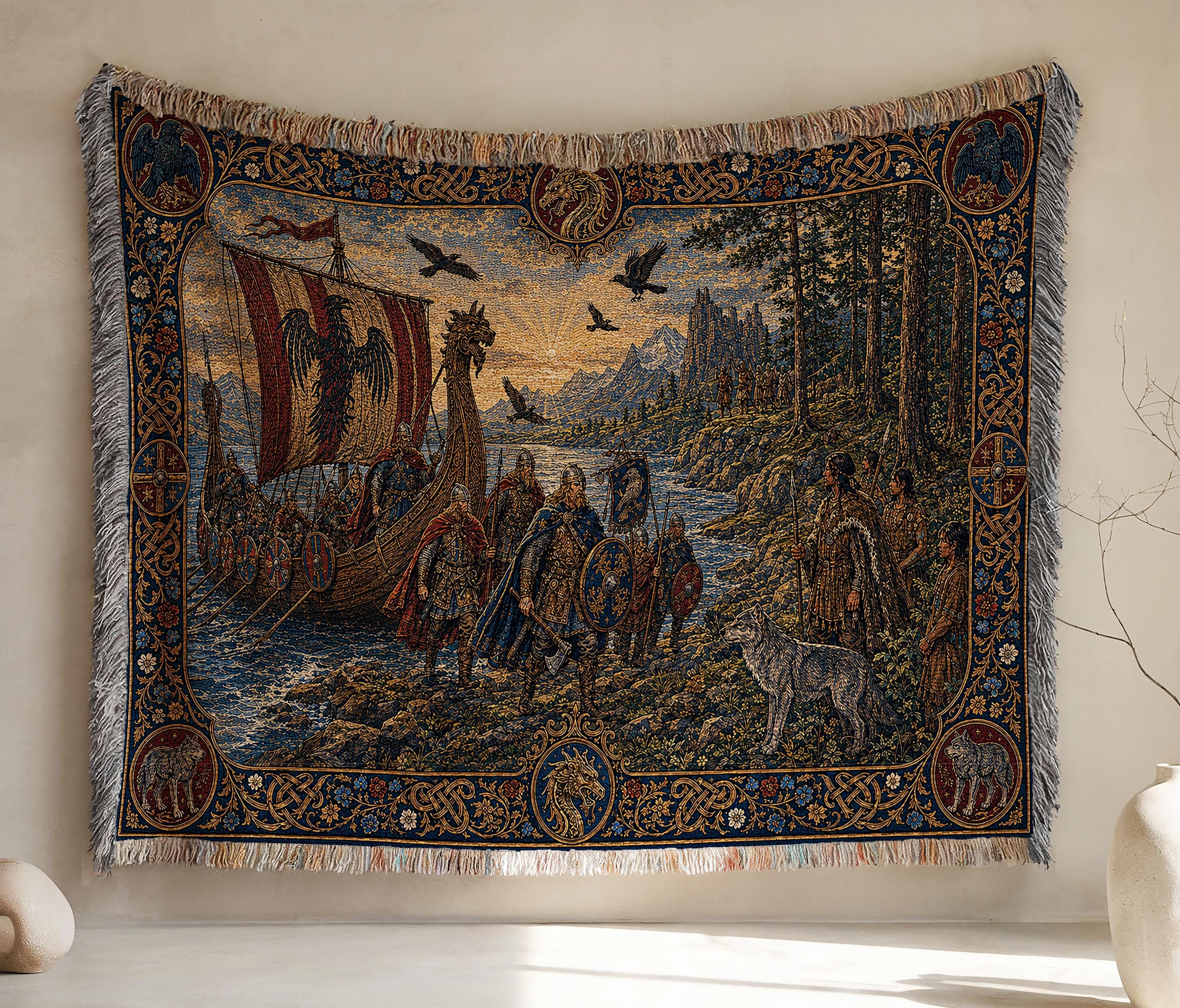 Viking Wolf Blanket - Viking Raven Woven Blanket, Norse Warrior Longship Tapestry Throw, Wolf
