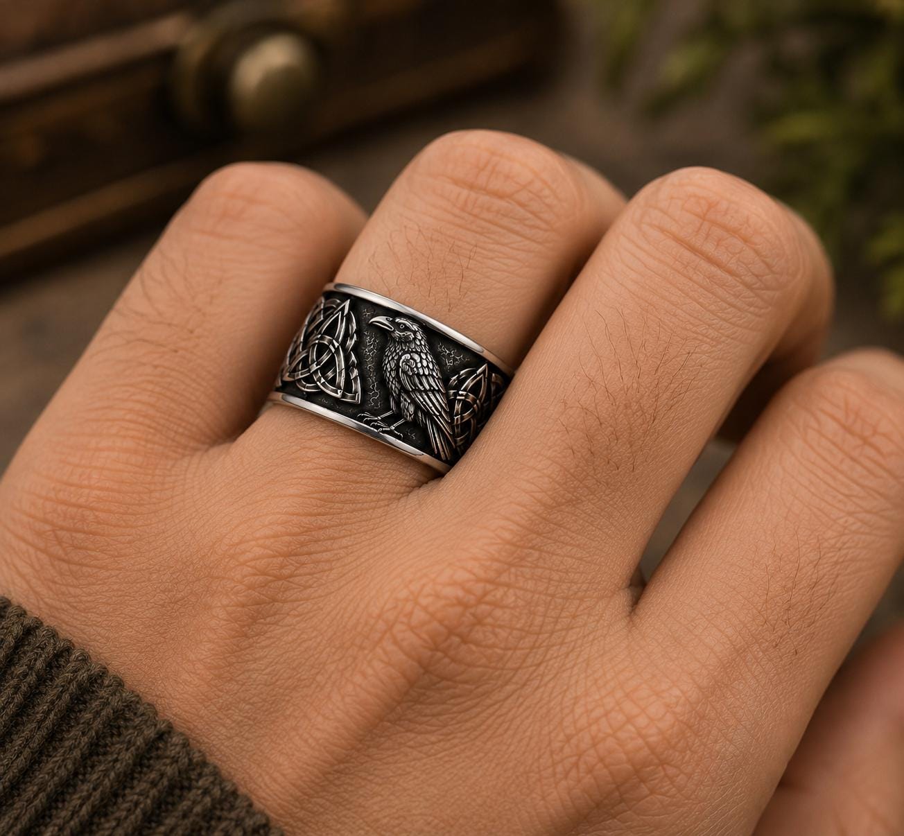 Viking Raven Ring - Raven Celtic Knot Ring, Viking Raven Band, Oxidized Silver Ring, Norse Celtic