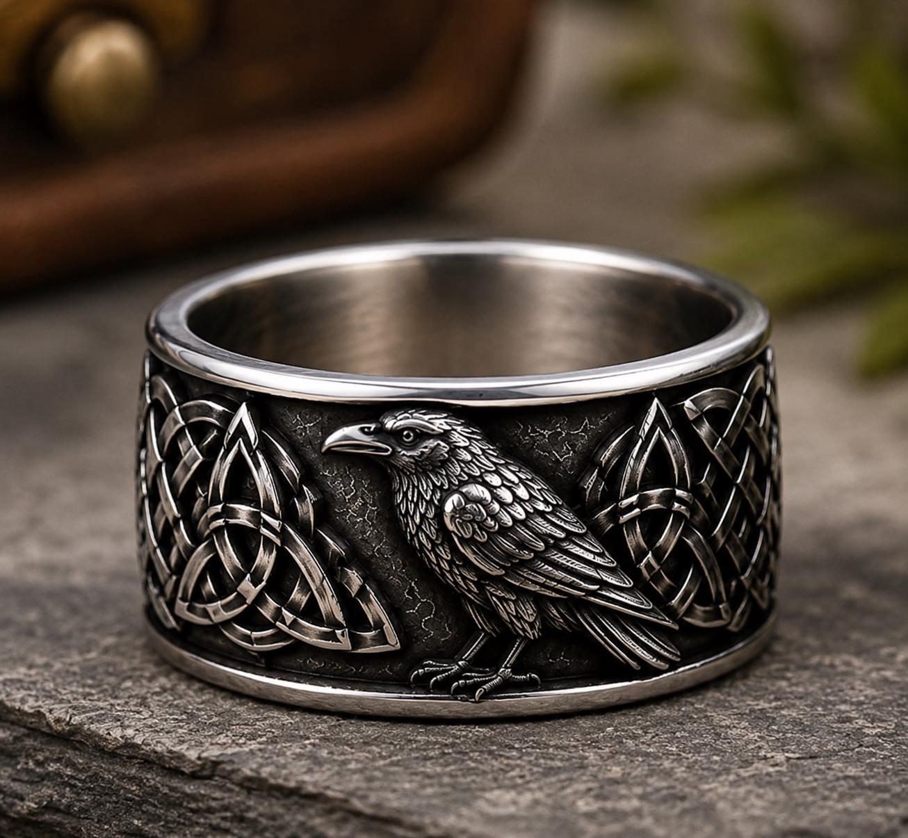 Viking Raven Ring - Raven Celtic Knot Ring, Viking Raven Band, Oxidized Silver Ring, Norse Celtic