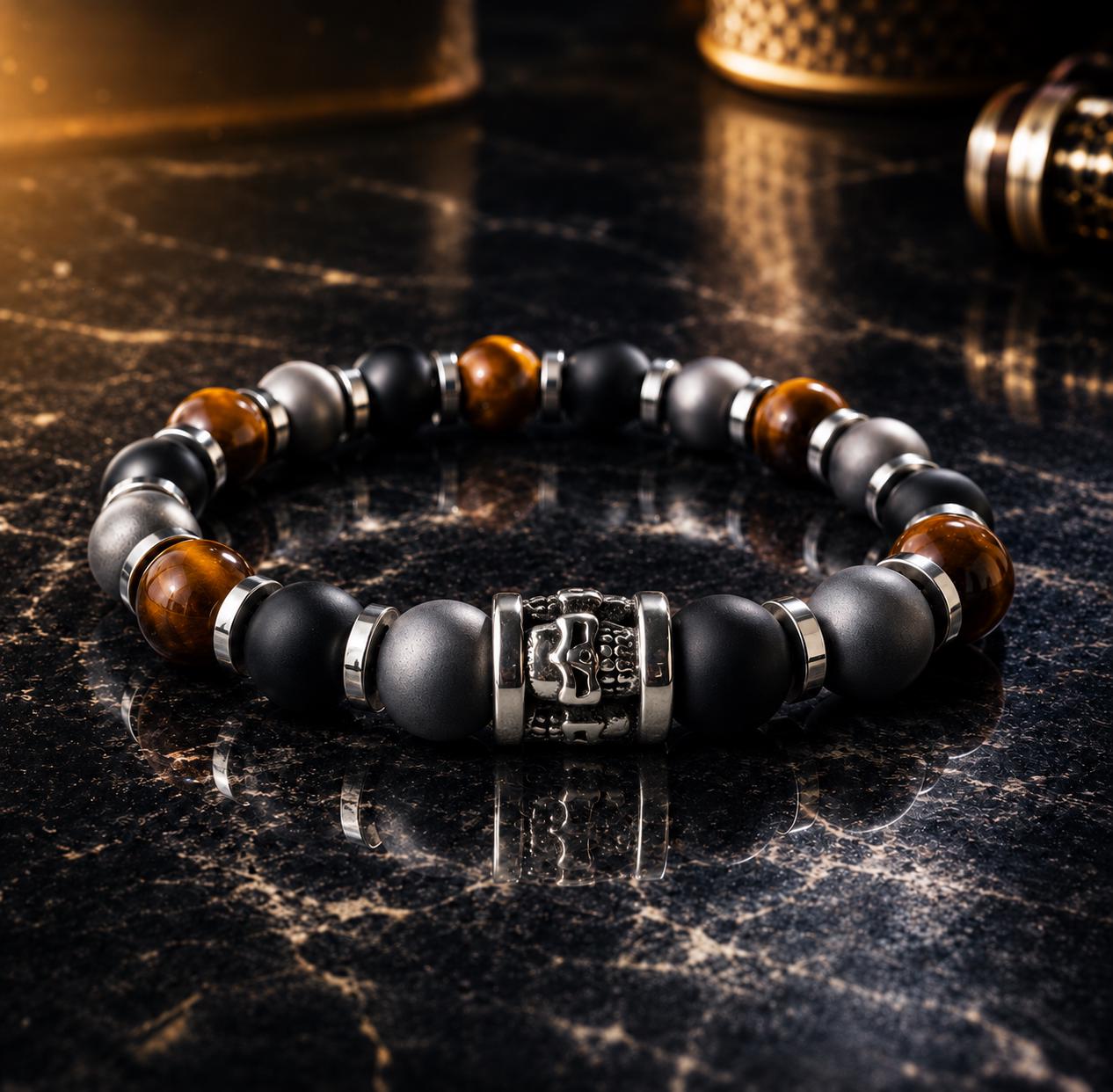 Viking Bracelet - Men’s Matte Tiger Eye Beaded Stretch Bracelet, Celtic Trinity Knot Bracelet