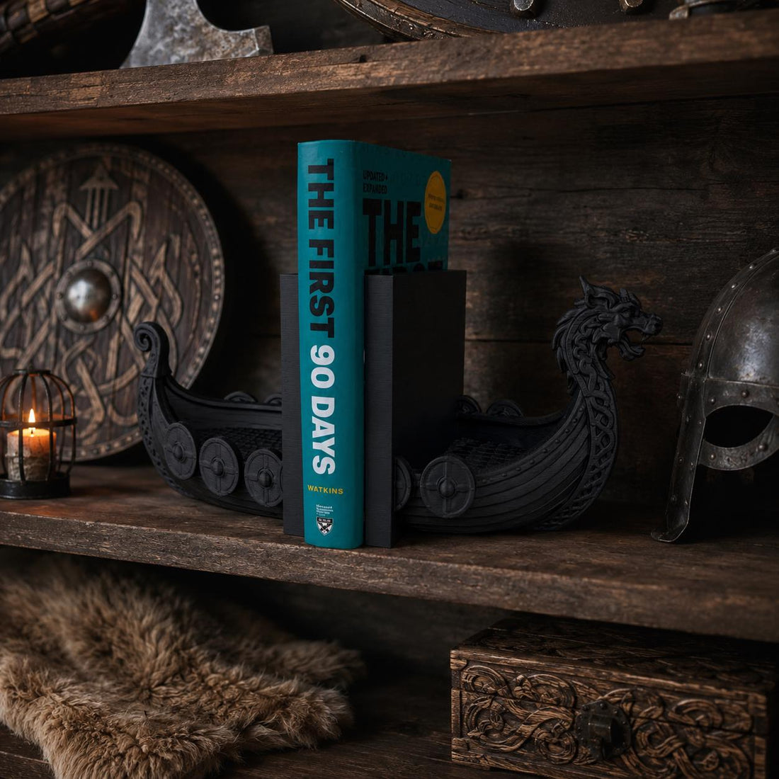 Viking Longship Home Decor - Viking Ship Bookends Set of 2, Norse Dragon Book Ends, Viking Longship