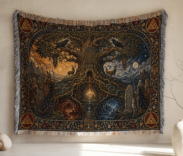 Viking Wolf Blanket - Norse Tree of Life Woven Blanket, Yggdrasil Raven and Wolf Tapestry Throw