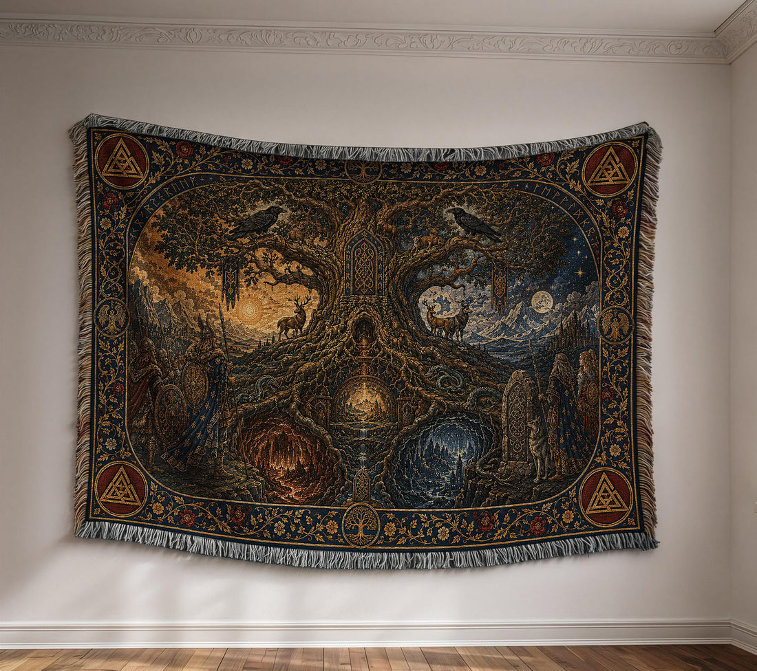 Viking Wolf Blanket - Norse Tree of Life Woven Blanket, Yggdrasil Raven and Wolf Tapestry Throw