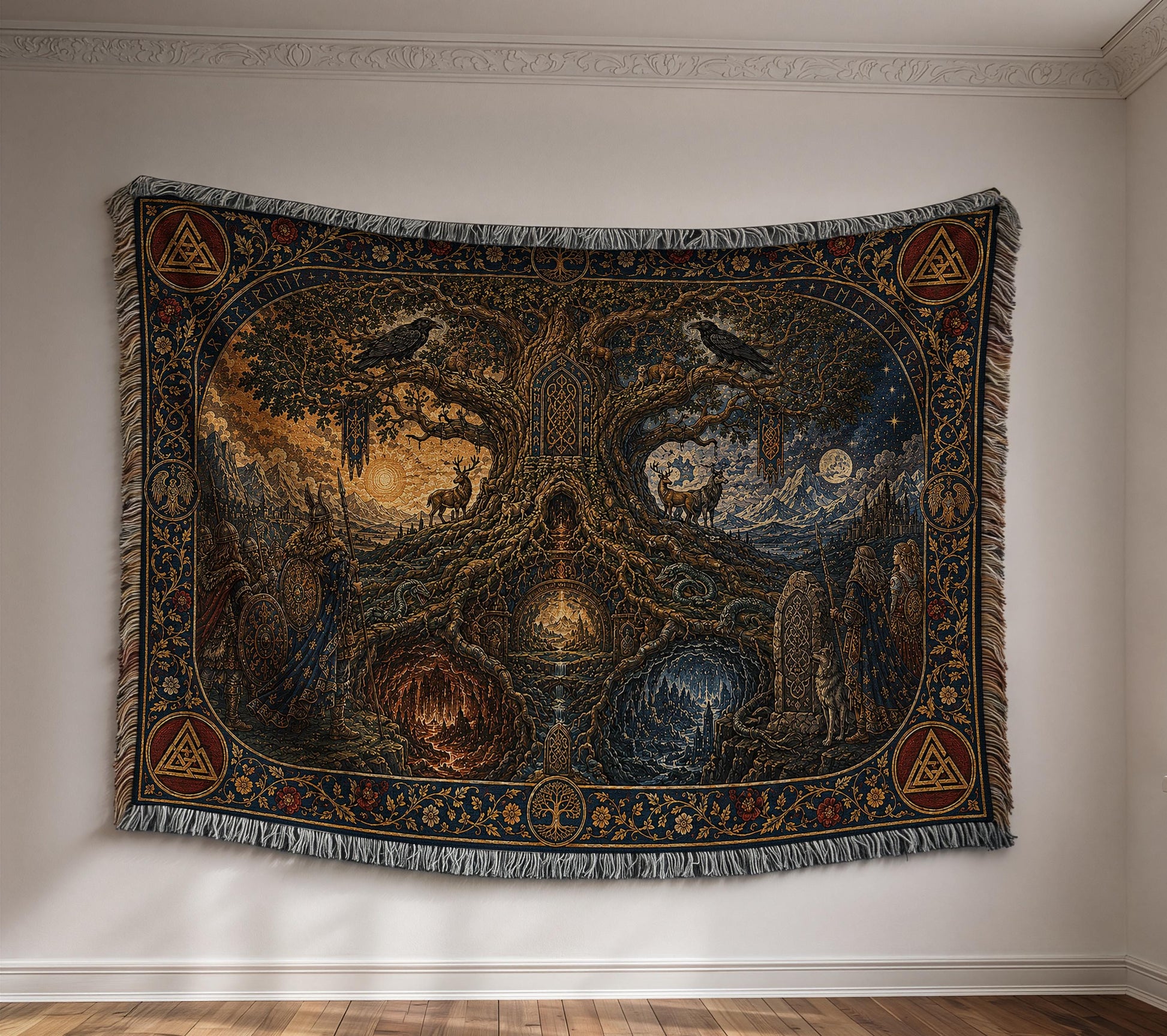 Viking Wolf Blanket - Norse Tree of Life Woven Blanket, Yggdrasil Raven and Wolf Tapestry Throw