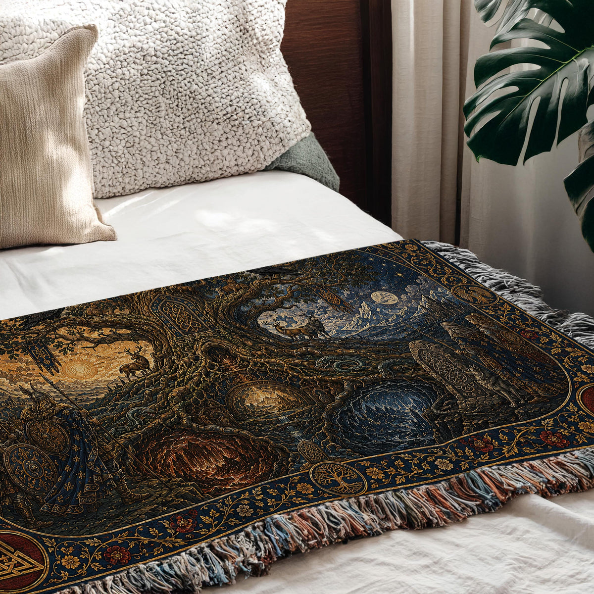 Viking Wolf Blanket - Norse Tree of Life Woven Blanket, Yggdrasil Raven and Wolf Tapestry Throw