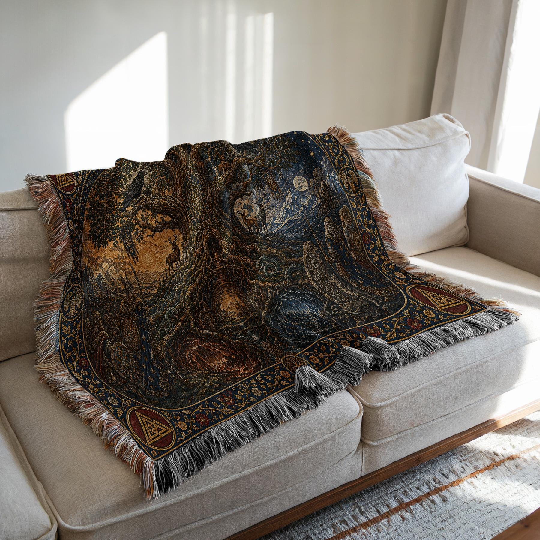 Viking Wolf Blanket - Norse Tree of Life Woven Blanket, Yggdrasil Raven and Wolf Tapestry Throw