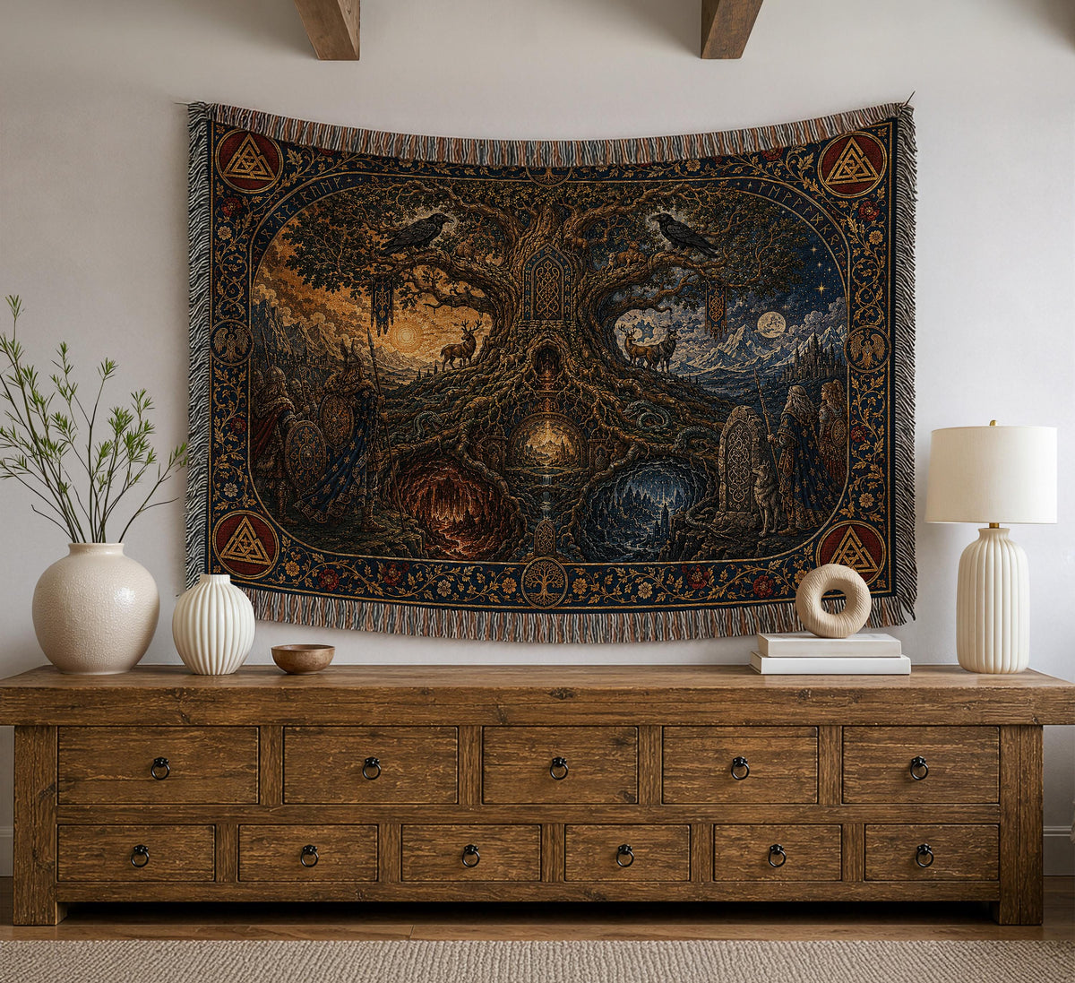 Viking Wolf Blanket - Norse Tree of Life Woven Blanket, Yggdrasil Raven and Wolf Tapestry Throw