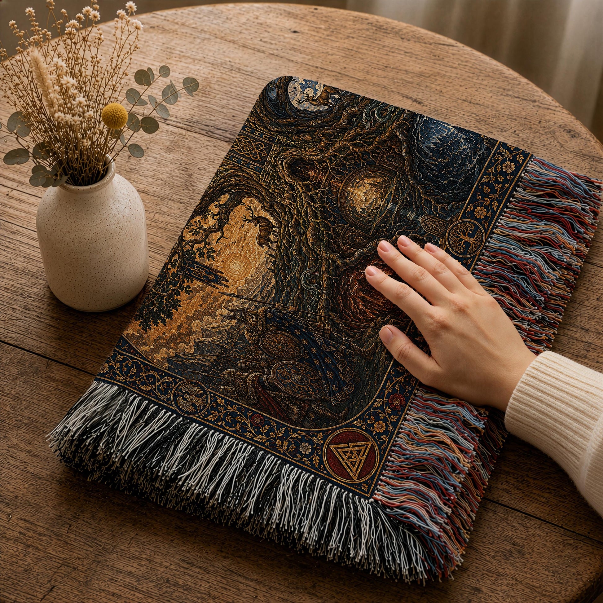 Viking Wolf Blanket - Norse Tree of Life Woven Blanket, Yggdrasil Raven and Wolf Tapestry Throw