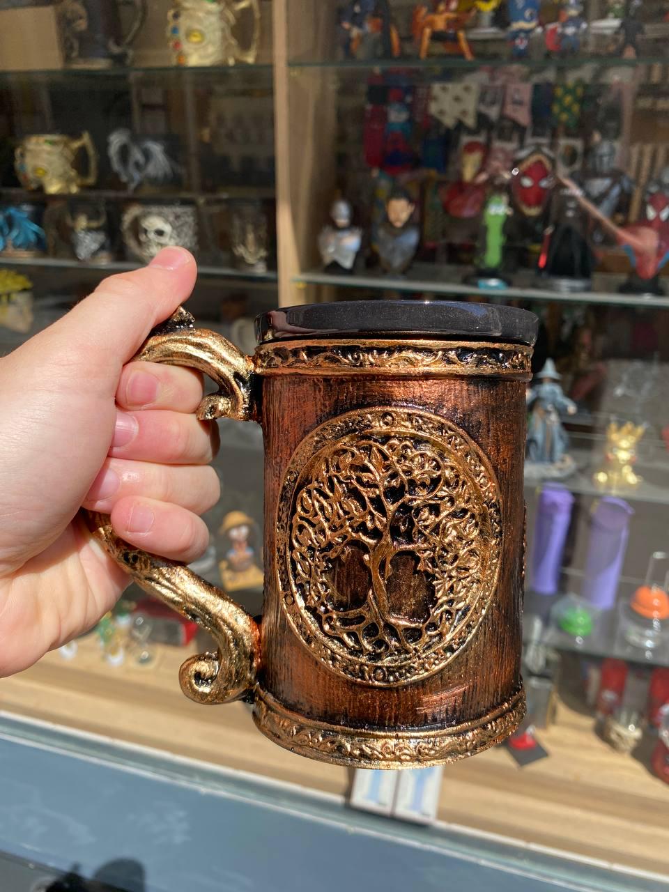 Viking Mug - Dragon Mug with Wooden Barrel Design – Gold Dragon Handle Fantasy Cup, Viking Medieval
