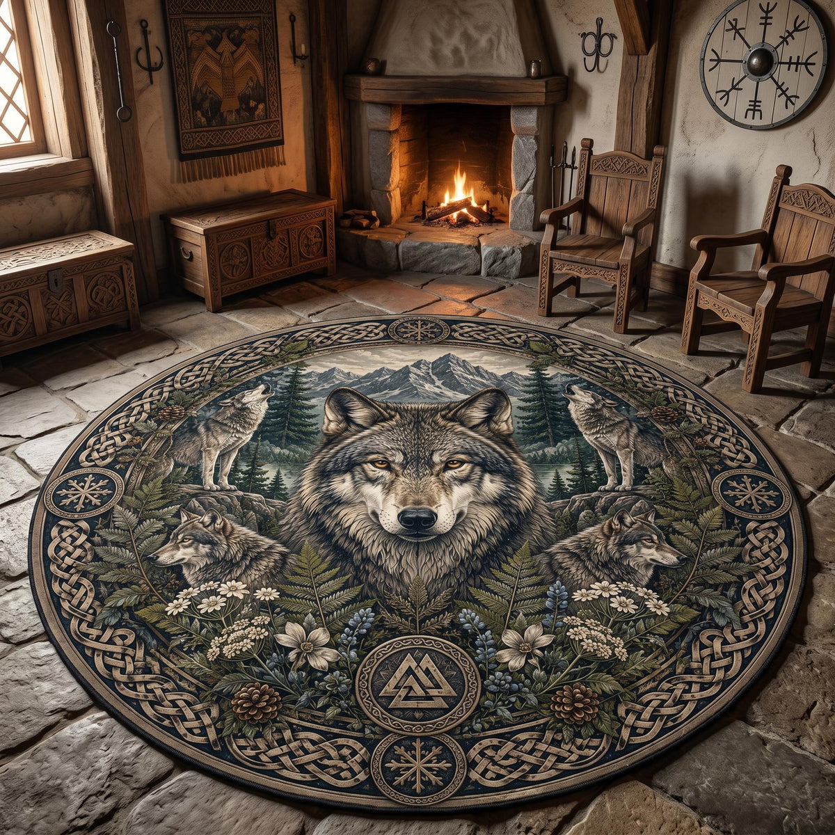 Viking Wolf Rug - Nordic Wolf Round Rug, Viking Wolf Area Rug, Celtic Knot Forest Decor, Mountain
