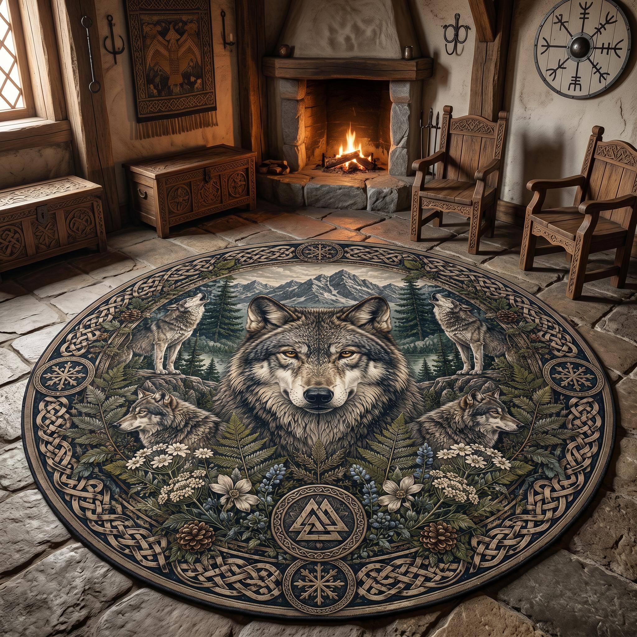 Viking Wolf Rug - Nordic Wolf Round Rug, Viking Wolf Area Rug, Celtic Knot Forest Decor, Mountain