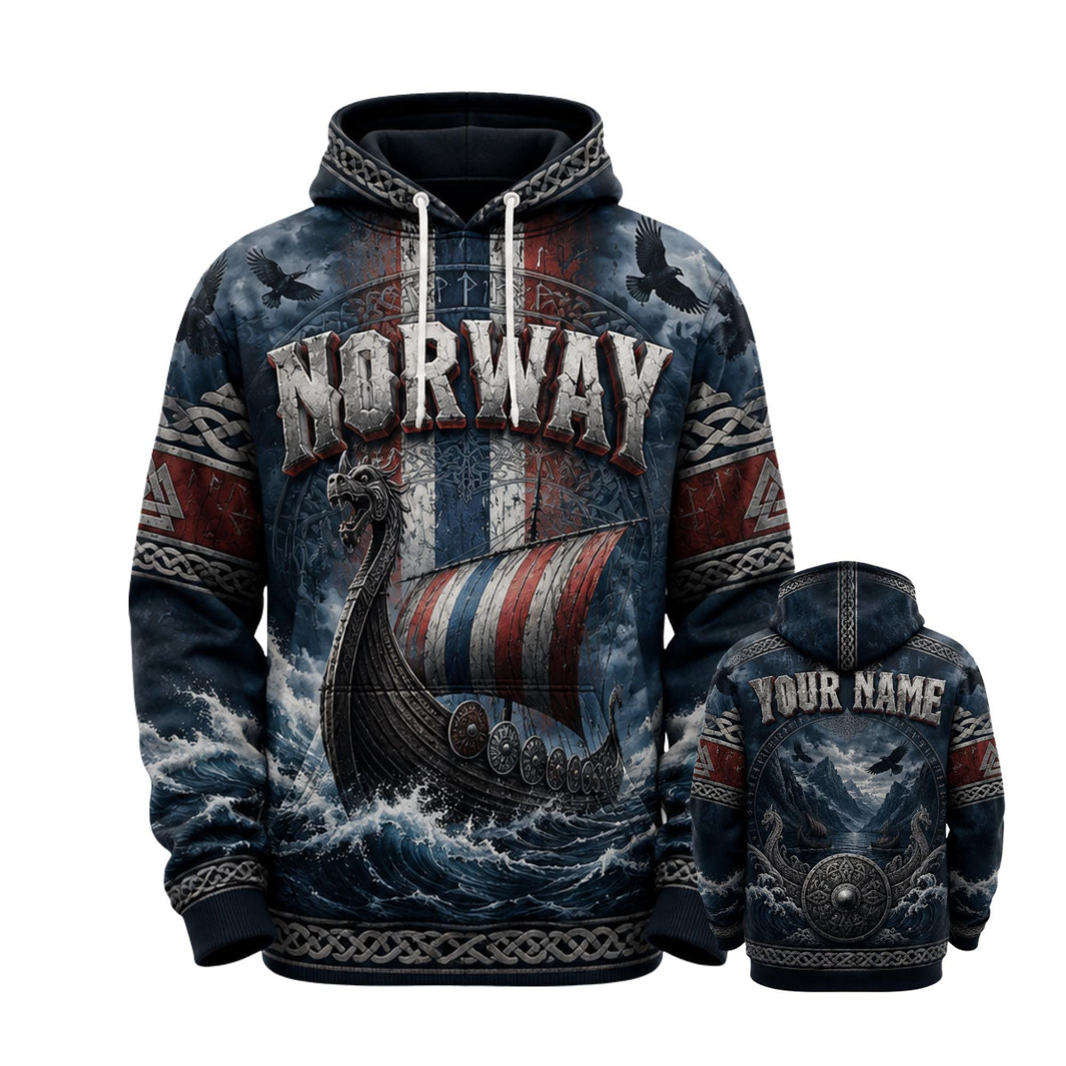 Viking Valknut Hoodie - Viking Runes Hoodie with Vegvisir Compass, Valknut Symbols, Norse Mythology