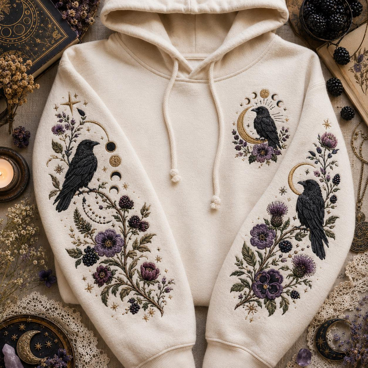 Viking Raven Hoodie - Viking Nordic Raven Embroidered Hoodie, Raven Face Hoodie, Crescent Raven