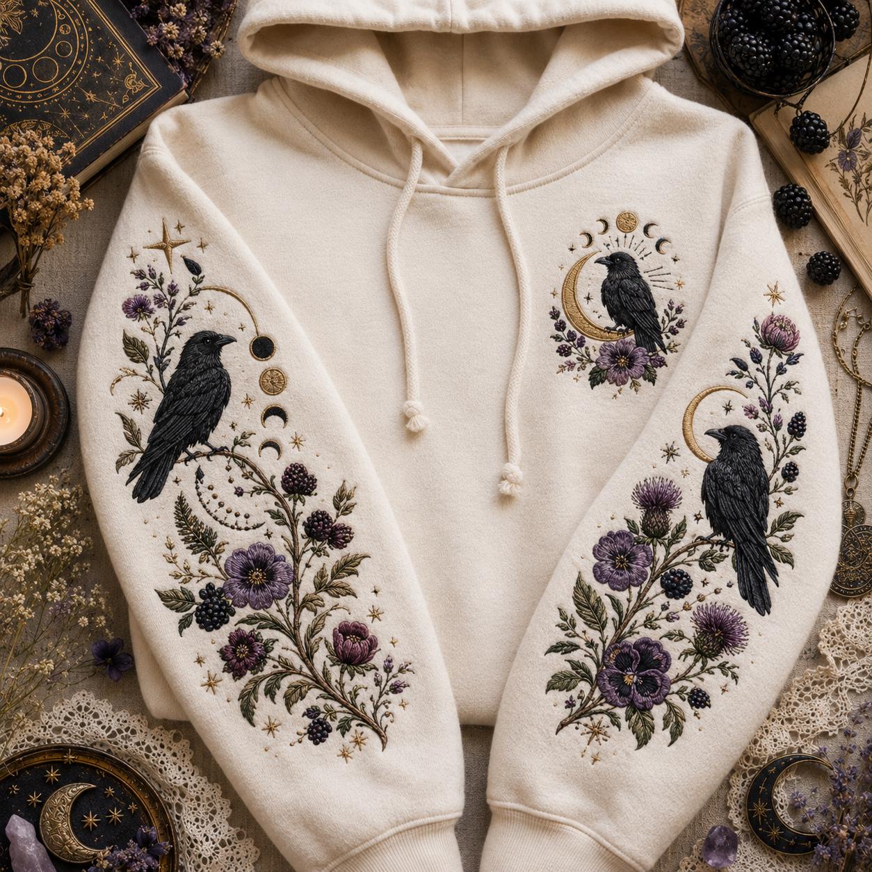 Viking Raven Hoodie - Viking Nordic Raven Embroidered Hoodie, Raven Face Hoodie, Crescent Raven