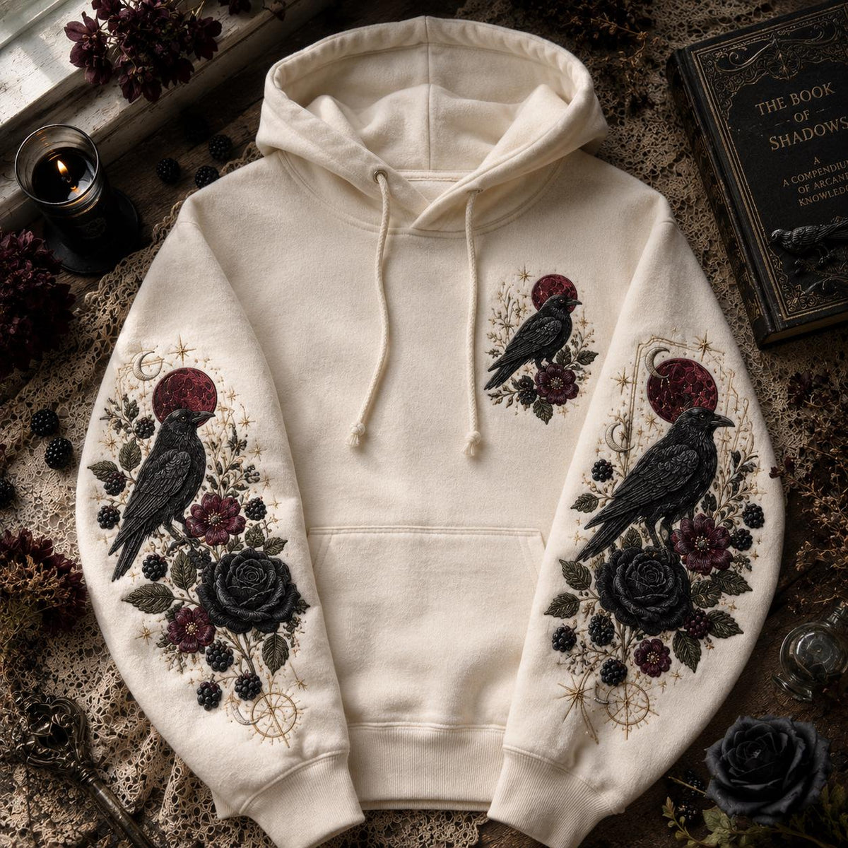 Viking Raven Hoodie - Viking Nordic Raven Embroidered Hoodie, Raven Face Hoodie, Crescent Raven