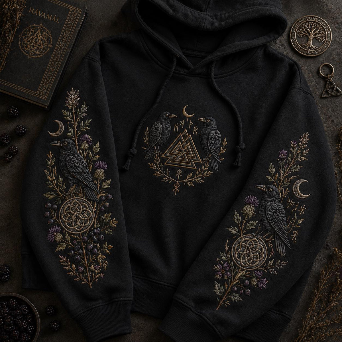 Viking Raven Hoodie - Viking Nordic Raven Embroidered Hoodie, Raven Face Hoodie, Crescent Raven