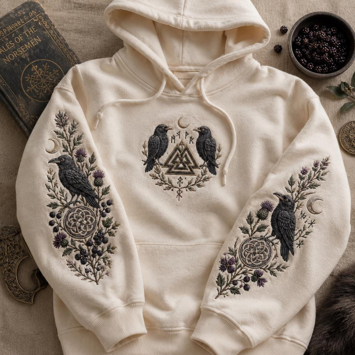 Viking Raven Hoodie - Viking Nordic Raven Embroidered Hoodie, Raven Face Hoodie, Crescent Raven