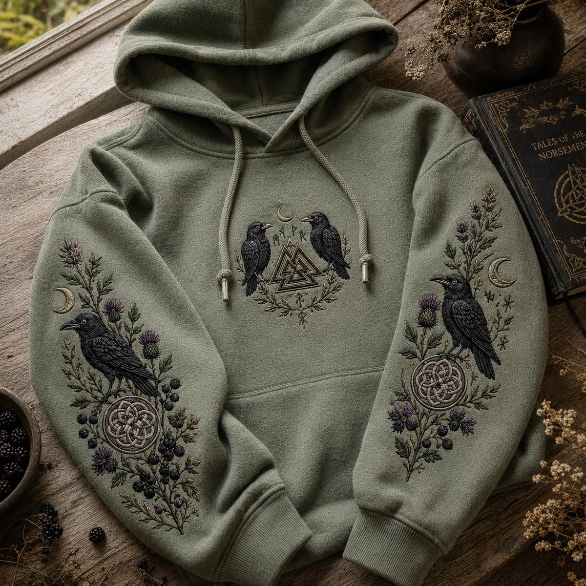 Viking Raven Hoodie - Viking Nordic Raven Embroidered Hoodie, Raven Face Hoodie, Crescent Raven